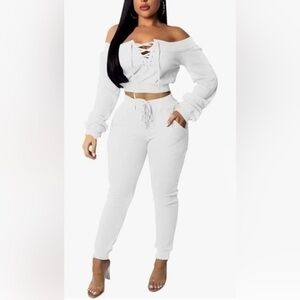 Long Sleeve Two Piece Outfit Tracksuit Lace Up Off Shoulder Casual Sweatsuit